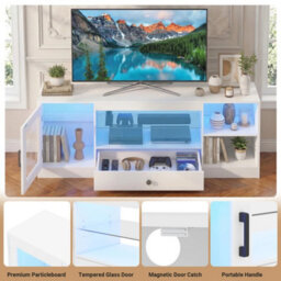 White Tv Stand Rgb Light Door Drawer Glass Shelf - thumbnail 4