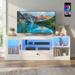 White Tv Stand Rgb Light Door Drawer Glass Shelf - thumbnail 5