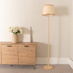 Valuelights Heather Light Wood Stem Floor Lamp With Scallop Rust Trim Tapered Shade And Led Bulb - thumbnail 3