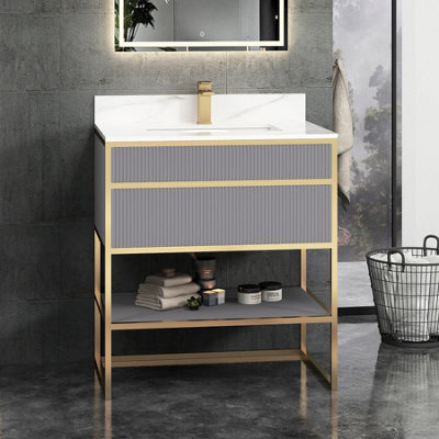 Royal Bathrooms Vienna 750mm Rock Grey Freestanding Bathroom Cabinet Vanity Unit With Brushed Brass Frame & Carrara White Top - image 1