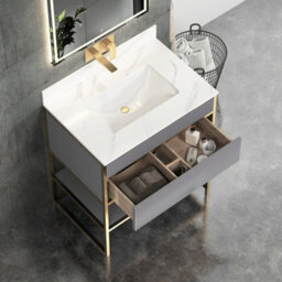 Royal Bathrooms Vienna 750mm Rock Grey Freestanding Bathroom Cabinet Vanity Unit With Brushed Brass Frame & Carrara White Top - thumbnail 5