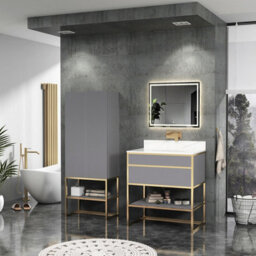 Royal Bathrooms Vienna 750mm Rock Grey Freestanding Bathroom Cabinet Vanity Unit With Brushed Brass Frame & Carrara White Top - thumbnail 3