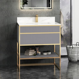 Royal Bathrooms Vienna 750mm Rock Grey Freestanding Bathroom Cabinet Vanity Unit With Brushed Brass Frame & Carrara White Top