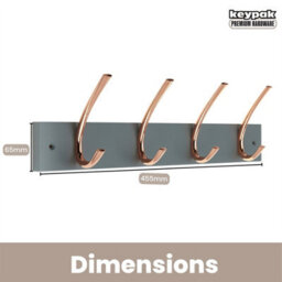 Keypak Wall Mounted Coat Rack 4 Polished Copper Hooks On Grey Board - 46Cm Wide Wooden Organiser For Entryways, Bedrooms, Kitchens - thumbnail 3