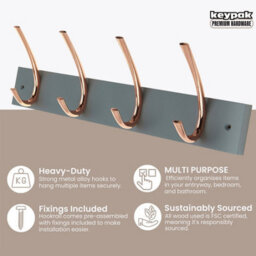 Keypak Wall Mounted Coat Rack 4 Polished Copper Hooks On Grey Board - 46Cm Wide Wooden Organiser For Entryways, Bedrooms, Kitchens - thumbnail 2