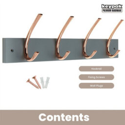 Keypak Wall Mounted Coat Rack 4 Polished Copper Hooks On Grey Board - 46Cm Wide Wooden Organiser For Entryways, Bedrooms, Kitchens - thumbnail 4