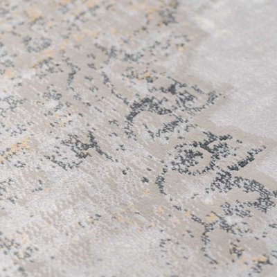 Loomed Grey Gold Metallic Traditional Medallion Distressed Living Area Rug 70X240Cm - image 1