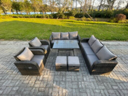 Fimous 10 Seater Rattan Outdoor Garden Furniture Sofa Set Patio Table & Chairs Set With 3 Seater Sofa 2 Small Footstool - thumbnail 1