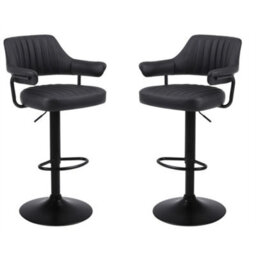 2 X Plush Black Bar Stools, Gas Lift, Breakfast Kitchen Bar Padded Arms & Back - thumbnail 6