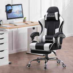 Gtplayer Fabric Gaming Chair, Massage Ergonomic Computer Chair With Footrest, Lumbar Support, Home Office Pc Racing Chairs, White - thumbnail 2