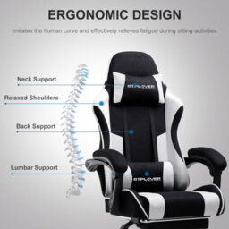 Gtplayer Fabric Gaming Chair, Massage Ergonomic Computer Chair With Footrest, Lumbar Support, Home Office Pc Racing Chairs, White - thumbnail 3