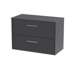 Hudson Reed Juno Wall Hung 2 Soft Close Drawer Vanity Unit With Worktop In Graphite Grey Woodgrain Finish, 800mm - thumbnail 1