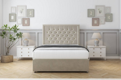 "Sloomy Montana Cream Plush Divan Bed With Mattress 2 Drawers Same Side With 26"" Strutted Headboard 4' Small Double" - image 1