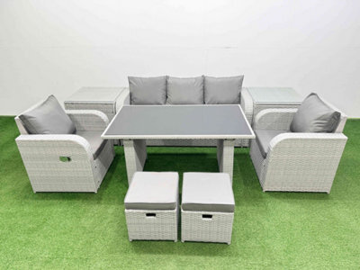 Fimous Outdoor Rattan Garden Furniture Dining Set 7-Seater Patio Rectangular Table 3 Seater Sofa Set With 2 Side Tables 2 Stools - image 1