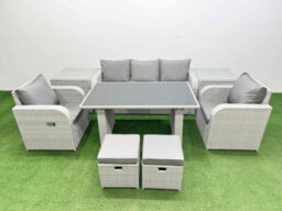Fimous Outdoor Rattan Garden Furniture Dining Set 7-Seater Patio Rectangular Table 3 Seater Sofa Set With 2 Side Tables 2 Stools - thumbnail 1