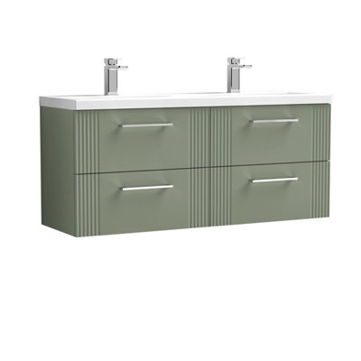 Balterley Belvide Partial Fluted 4 Drawer Wall Hung Vanity Unit With Double Ceramic Basin - 1200mm - Satin Green - image 1