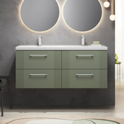 Balterley Belvide Partial Fluted 4 Drawer Wall Hung Vanity Unit With Double Ceramic Basin - 1200mm - Satin Green - thumbnail 2