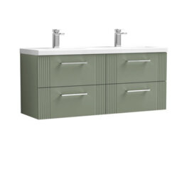 Balterley Belvide Partial Fluted 4 Drawer Wall Hung Vanity Unit With Double Ceramic Basin - 1200mm - Satin Green