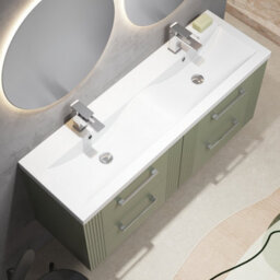 Balterley Belvide Partial Fluted 4 Drawer Wall Hung Vanity Unit With Double Ceramic Basin - 1200mm - Satin Green - thumbnail 3