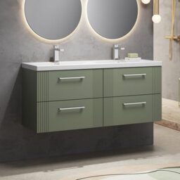 Balterley Belvide Partial Fluted 4 Drawer Wall Hung Vanity Unit With Double Ceramic Basin - 1200mm - Satin Green - thumbnail 4