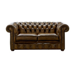 Chesterfield 2 Seater Antique Gold Real Leather Sofa Settee Bespoke In Classic Style - thumbnail 1