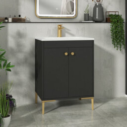 Royal Bathrooms Verona 600mm Matt Black Floor Standing Vanity Unit 2 Door With Stone Basin & Brushed Brass Knob - thumbnail 1