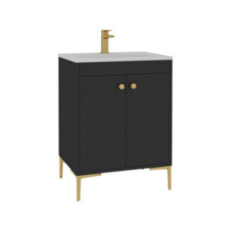 Royal Bathrooms Verona 600mm Matt Black Floor Standing Vanity Unit 2 Door With Stone Basin & Brushed Brass Knob - thumbnail 6