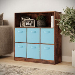 Urbn-Living Urbnliving 94Cm Height 7 Cubed Rustic Brown Wooden Cupboard Bookcase Storage Units Shelves With Sky Blue 6 Drawers