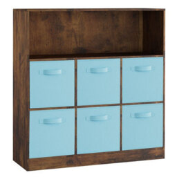 Urbn-Living Urbnliving 94Cm Height 7 Cubed Rustic Brown Wooden Cupboard Bookcase Storage Units Shelves With Sky Blue 6 Drawers - thumbnail 3