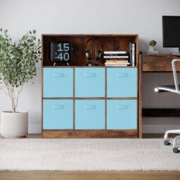Urbn-Living Urbnliving 94Cm Height 7 Cubed Rustic Brown Wooden Cupboard Bookcase Storage Units Shelves With Sky Blue 6 Drawers - thumbnail 2