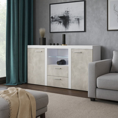 Rumba Sideboard Modern 2 Drawer Chest 157 Cm Wide Durable Laminated Finish For Living Or Dining White Light Concrete - image 1