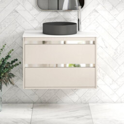 Royal Bathrooms Orion 800mm Warm Taupe Wall Hung Plain White Countertop Vanity Unit 2 Drawer With Art Round Basin & Chrome Accent Trim