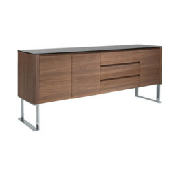 Angel Cerda Elegant Walnut Sideboard With Chrome Legs And Black Glass Top