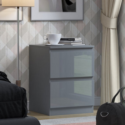 Fwstyle Stora Grey Gloss 2 Drawer Bedside Chest Nightstand (H) 55Cm (W) 40Cm (D) 40Cm Extra Deep Drawers - image 1