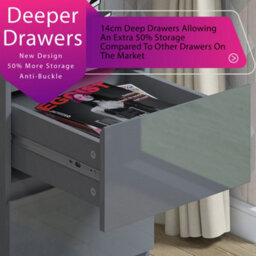 Fwstyle Stora Grey Gloss 2 Drawer Bedside Chest Nightstand (H) 55Cm (W) 40Cm (D) 40Cm Extra Deep Drawers - thumbnail 6