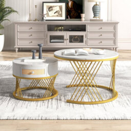 Matteo 2-In-1 Nesting Coffee Table Set With Marble Effect Top And Rattan Drawer, White/gold - thumbnail 5