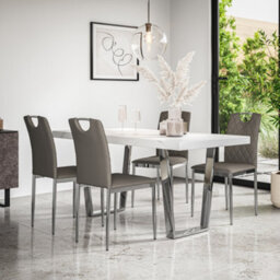 More4Homes Aria Dining Table And Chairs - White Marble Effect Top W Chrome Legs + 6 Monza Faux Leather Dining Chairs W Chrome Legs (Grey) - thumbnail 1