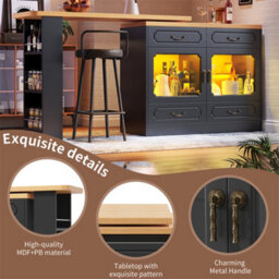 Abrihome Rotating Bar Table (135-203X39X92.8Cm), Extendable Kitchen Island With Double Doors, 4 Drawers & 3-Tier Open Storage, Black - thumbnail 5