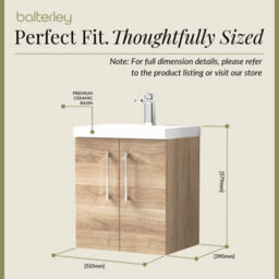 Balterley Contemporary Bathroom Wall Hung 2 Soft-Close Door Vanity Unit & Mid-Edge Ceramic Basin, Solace Oak, 500 mm - thumbnail 5