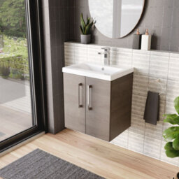Balterley Contemporary Bathroom Wall Hung 2 Soft-Close Door Vanity Unit & Mid-Edge Ceramic Basin, Solace Oak, 500 mm - thumbnail 4