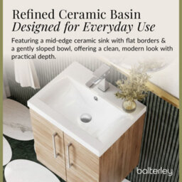 Balterley Contemporary Bathroom Wall Hung 2 Soft-Close Door Vanity Unit & Mid-Edge Ceramic Basin, Solace Oak, 500 mm - thumbnail 7