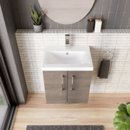 Balterley Contemporary Bathroom Wall Hung 2 Soft-Close Door Vanity Unit & Mid-Edge Ceramic Basin, Solace Oak, 500 mm - thumbnail 3