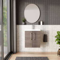 Balterley Contemporary Bathroom Wall Hung 2 Soft-Close Door Vanity Unit & Mid-Edge Ceramic Basin, Solace Oak, 500 mm - thumbnail 2