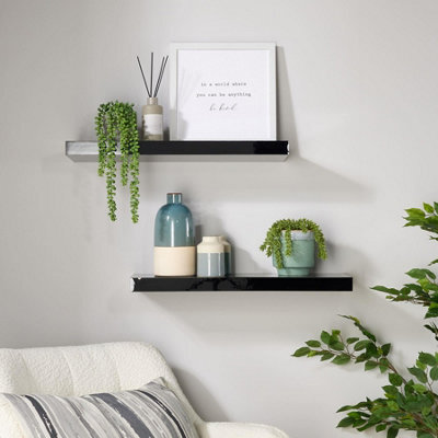 Home Source Cloud Pair Of 60Cm Gloss Floating Wall Shelves Black - image 1