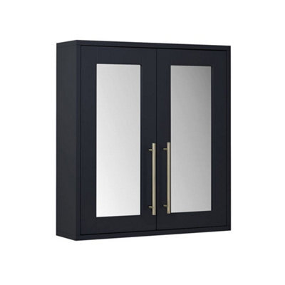 Homestylestore 600 X 650mm Black Grey Wall Mounted Mirrored Door Bathroom Cabinet With Brushed Brass T Bar Handles - image 1