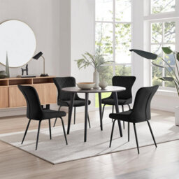 Furniturebox Uk Koko Walnut Effect Round Dining Table & 4 Dark Grey Nora Black Leg Chairs