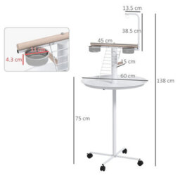 Bird Table With Four Wheels, Perches, Stainless Steel Bowls, Round Tray - thumbnail 2