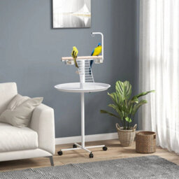 Bird Table With Four Wheels, Perches, Stainless Steel Bowls, Round Tray - thumbnail 1