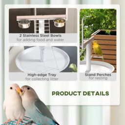 Bird Table With Four Wheels, Perches, Stainless Steel Bowls, Round Tray - thumbnail 3