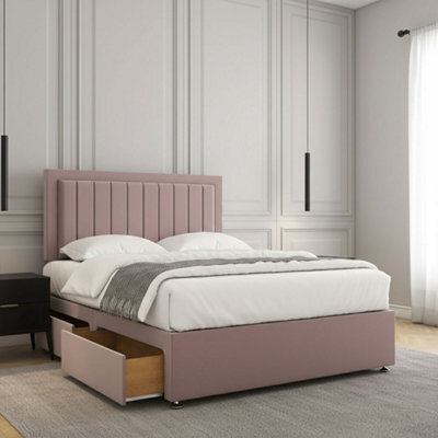 REGIONAL FURNISHINGS Pink Plush Velvet Divan Bed Set Upholstered 24Inch Headboard & Mattress No Drawers In Single Double King 4Ft6 6Ft Sizes - image 1